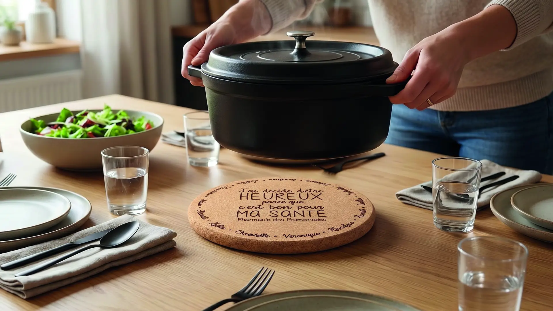 Personne posant une cocotte noire sur un dessous de plat en liège avec un message en français.