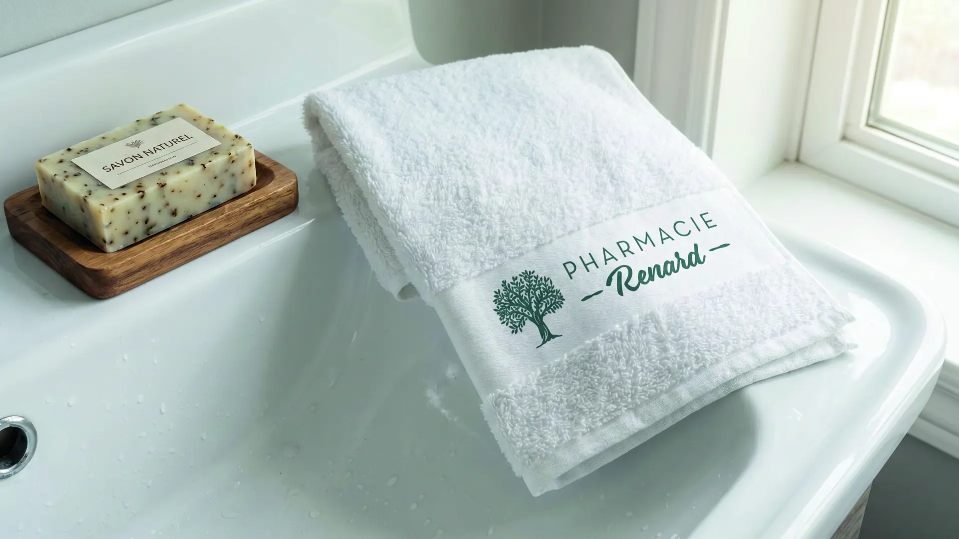 Serviette blanche pliée avec logo Pharmacie Renard posée sur un lavabo blanc près d'un savon naturel.