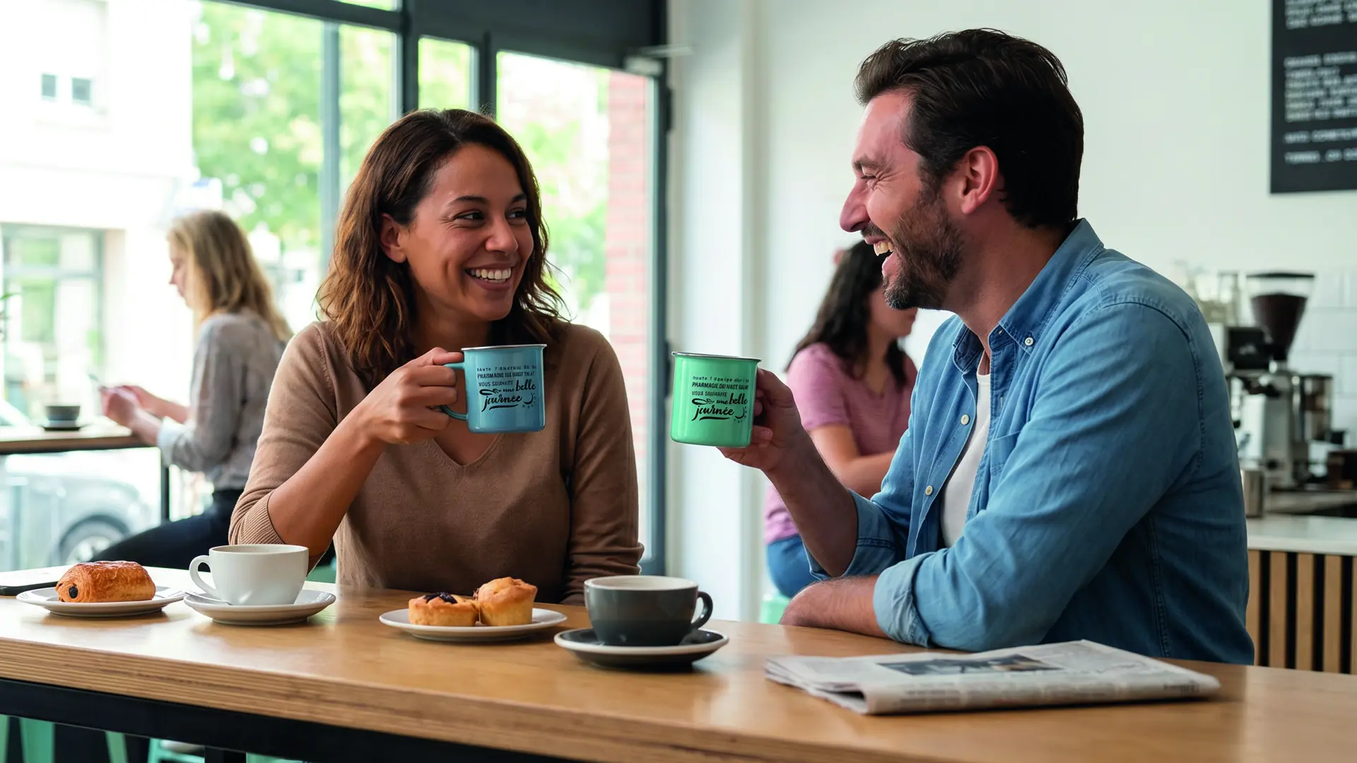 Un homme et une femme sourient en se tenant des tasses dans un café avec des pâtisseries sur la table.