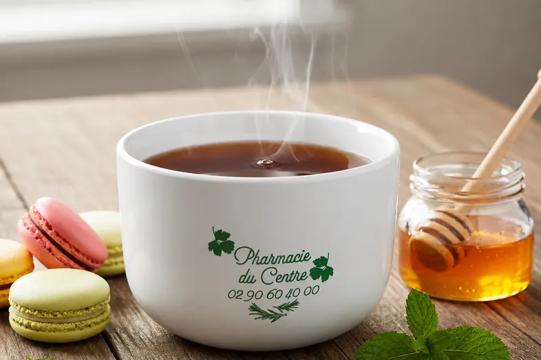 Tasse blanche fumante de thé avec macarons colorés, miel en pot et feuilles de menthe sur table en bois.