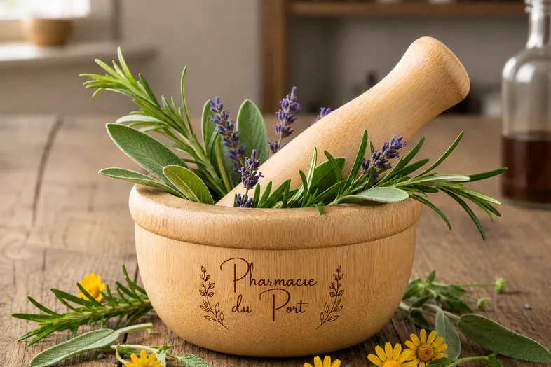 Mortier en bois avec pilon rempli de plantes aromatiques et fleurs jaunes sur table en bois.