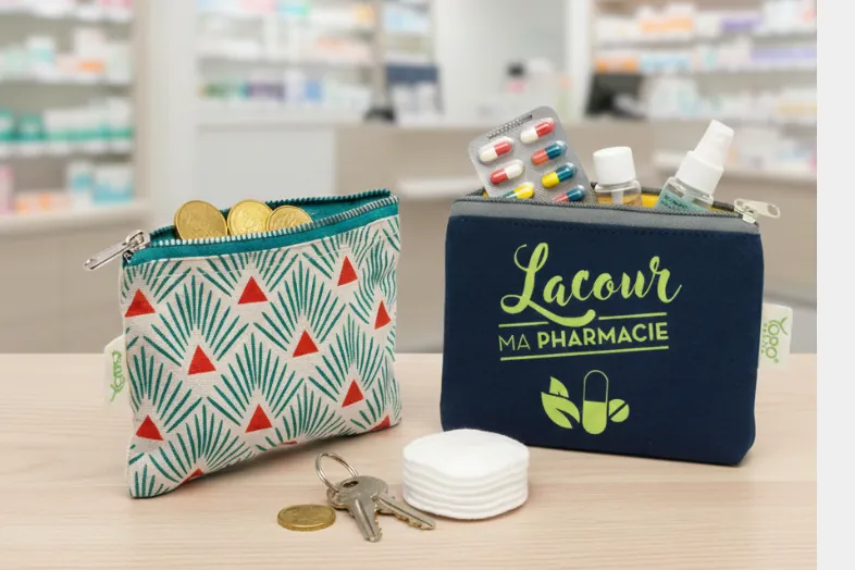 Deux petites trousses sur une table, l'une avec des pièces et l'autre avec des médicaments et sprays.