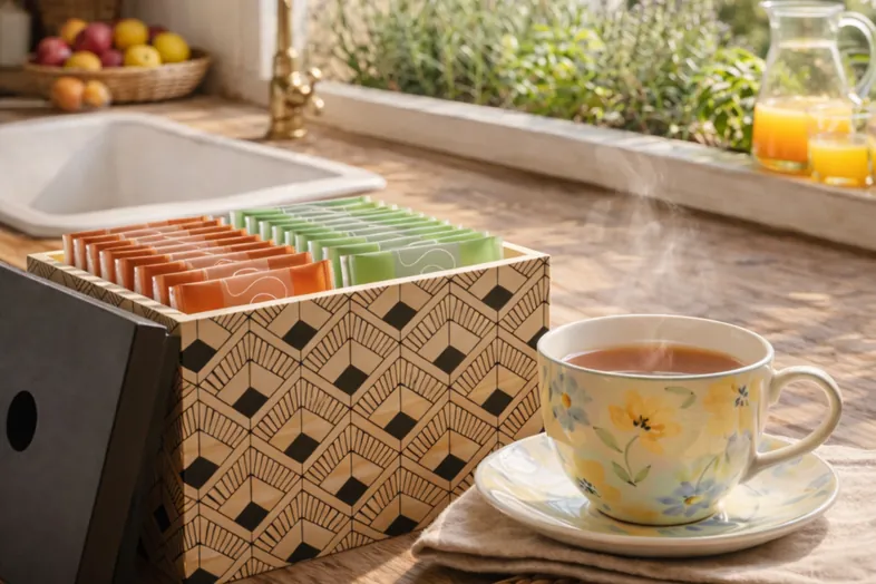 Boîte à thés avec sachets orange et vert à côté d'une tasse de thé fumante fleurie sur un comptoir.