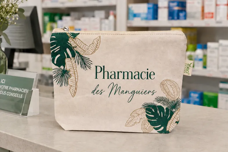 Trousse beige avec motifs feuillages verts et texte Pharmacie des Manguiers sur un comptoir.
