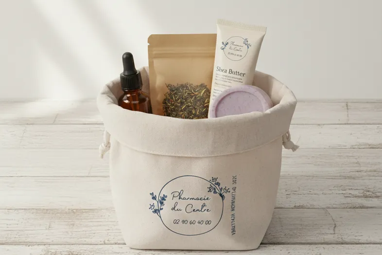 Panier en coton naturel avec des produits de soin et une pochette de thé sur une surface en bois.