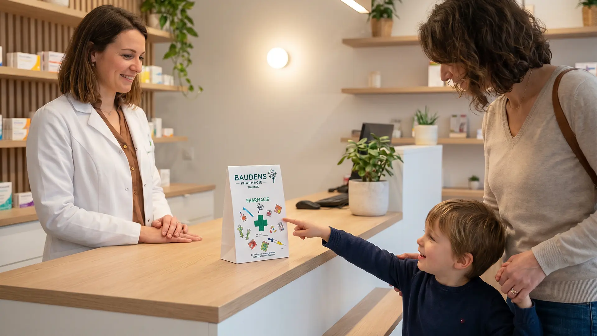 Un enfant montre une affiche sur un comptoir de pharmacie à une pharmacienne souriante.