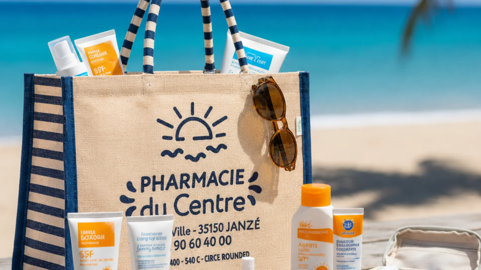 Sac de plage avec lunettes de soleil et crèmes solaires sur une table près de la mer.