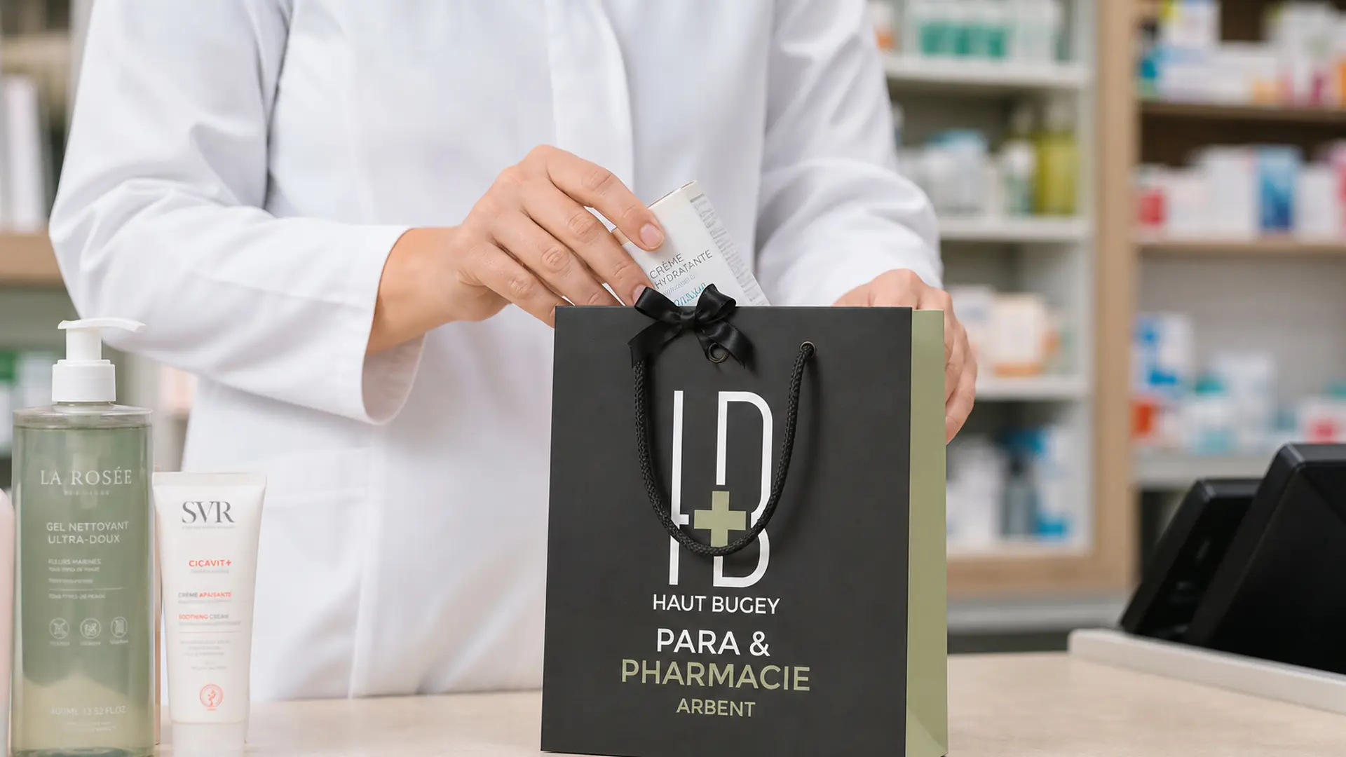Pharmacien mettant une crème dans un sac noir marqué para et pharmacie sur un comptoir.