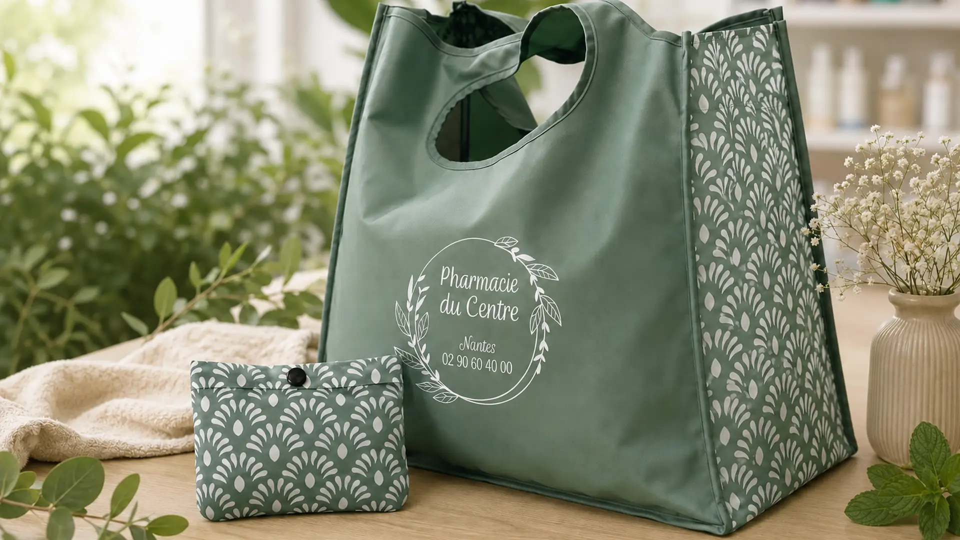 Sac réutilisable vert avec logo Pharmacie du Centre Nantes et pochette assortie à motif blanc.