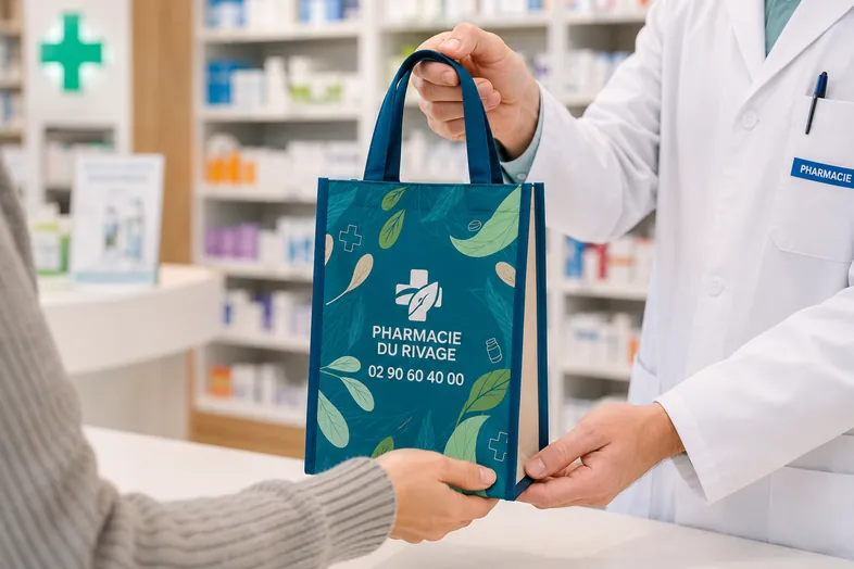 Un pharmacien remet un sac réutilisable bleu avec logo et le numéro de Pharmacie du Rivage à un client.