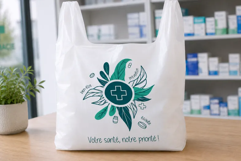 Sac plastique blanc avec symbole médical vert et texte santé sur un comptoir en pharmacie.