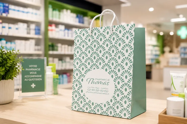 Sac de pharmacie pliable à motifs verts sur comptoir en pharmacie avec plantes et produits.
