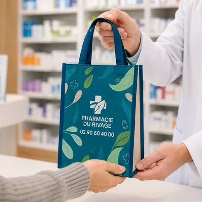 Un pharmacien remet un sac bleu avec logo et numéro de pharmacie à un client.