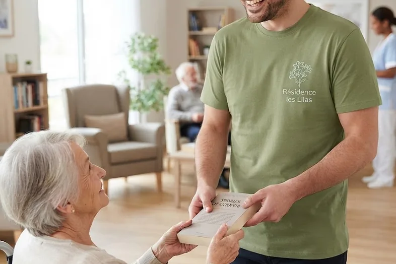 Un homme souriant en t-shirt vert remet un livre à une femme âgée assise en fauteuil roulant.