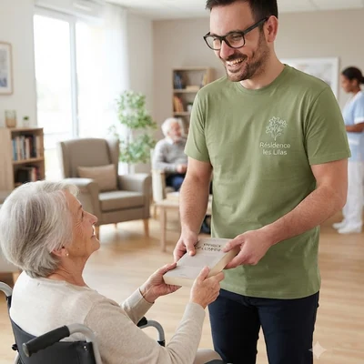 Un homme souriant en t-shirt vert remet un livre à une personne âgée en fauteuil roulant dans un salon.