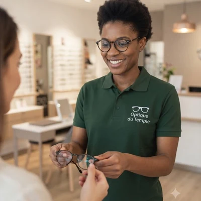 Une employée souriante portant un polo vert avec logo Optique du Temple remet des lunettes à un client.