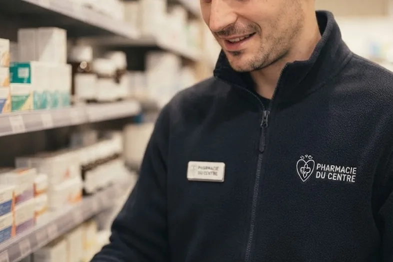 Pharmacien portant une veste de la Pharmacie du Centre vérifiant des médicaments sur une étagère.