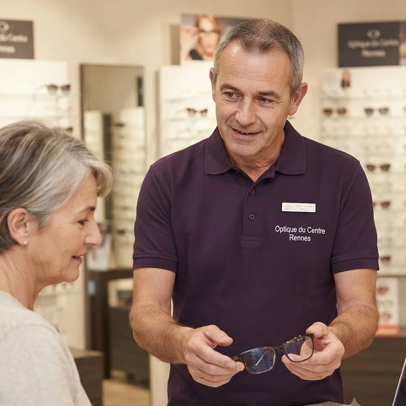 Opticien montrant une paire de lunettes à une cliente dans une boutique d'optique.