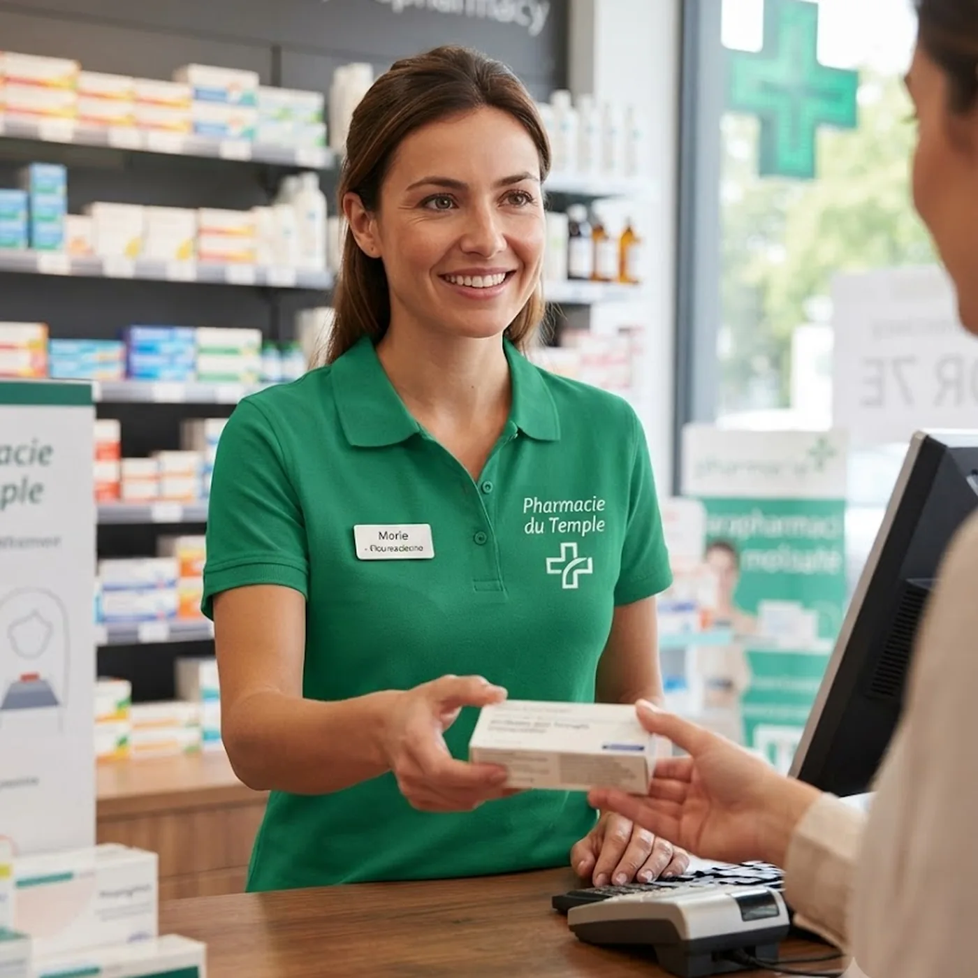 Pharmacienne souriante en polo vert donnant un médicament à un client au comptoir.