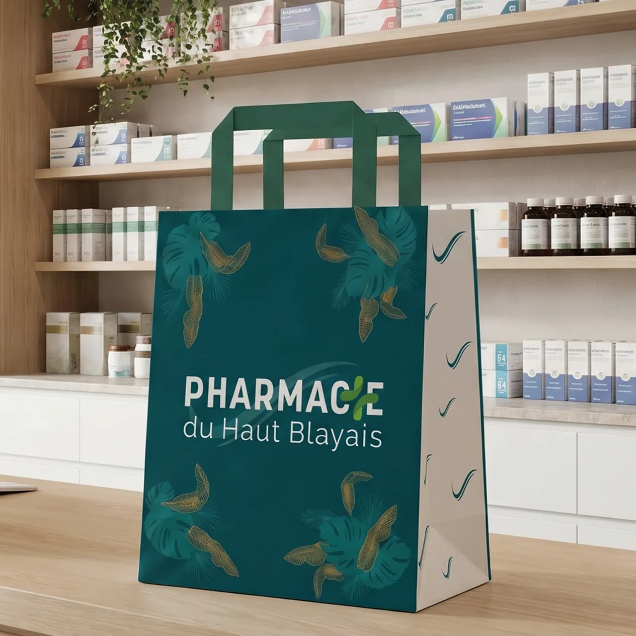 Sac vert foncé avec inscription Pharmacie du Haut Blayais, posé sur un comptoir en bois.