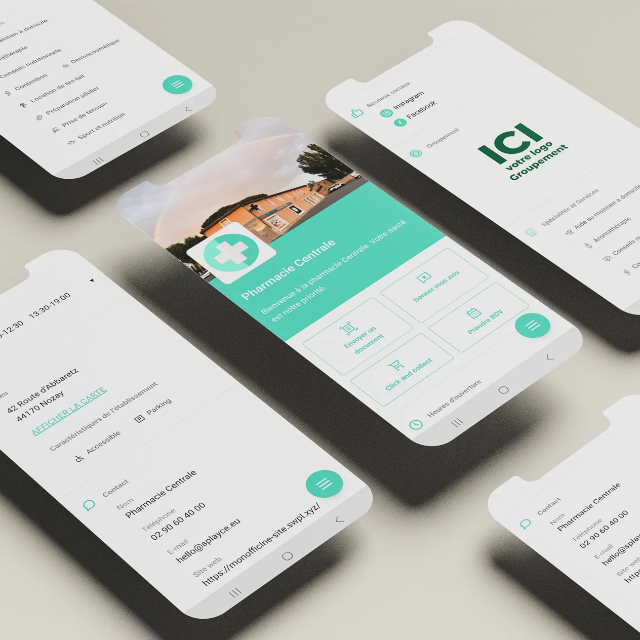 Maquette d'application mobile pour Pharmacie Centrale avec services, contact et heures d'ouverture.