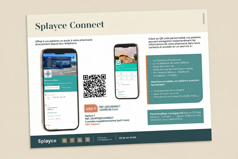 Flyer Splayce Connect montre accès pharmacie via QR code et smartphone, avec description des fonctionnalités.