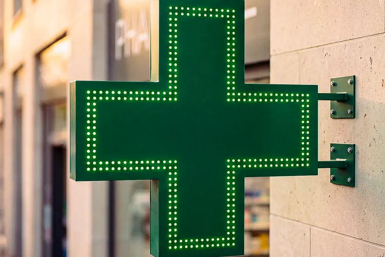 Croix verte lumineuse fixée sur un mur extérieur indiquant une pharmacie.