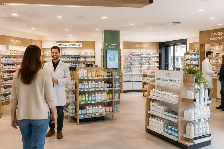 Intérieur d'une pharmacie moderne avec un pharmacien souriant accueillant une cliente.