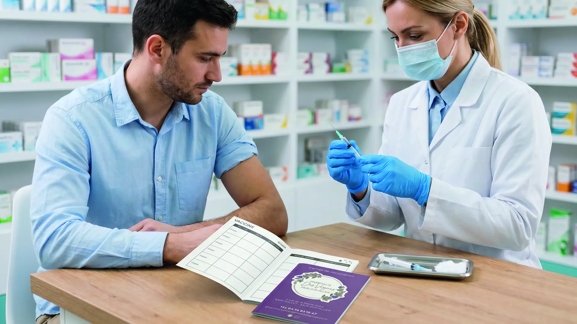 Pharmacienne en blouse préparant une injection pour un homme tenant son carnet de vaccination.
