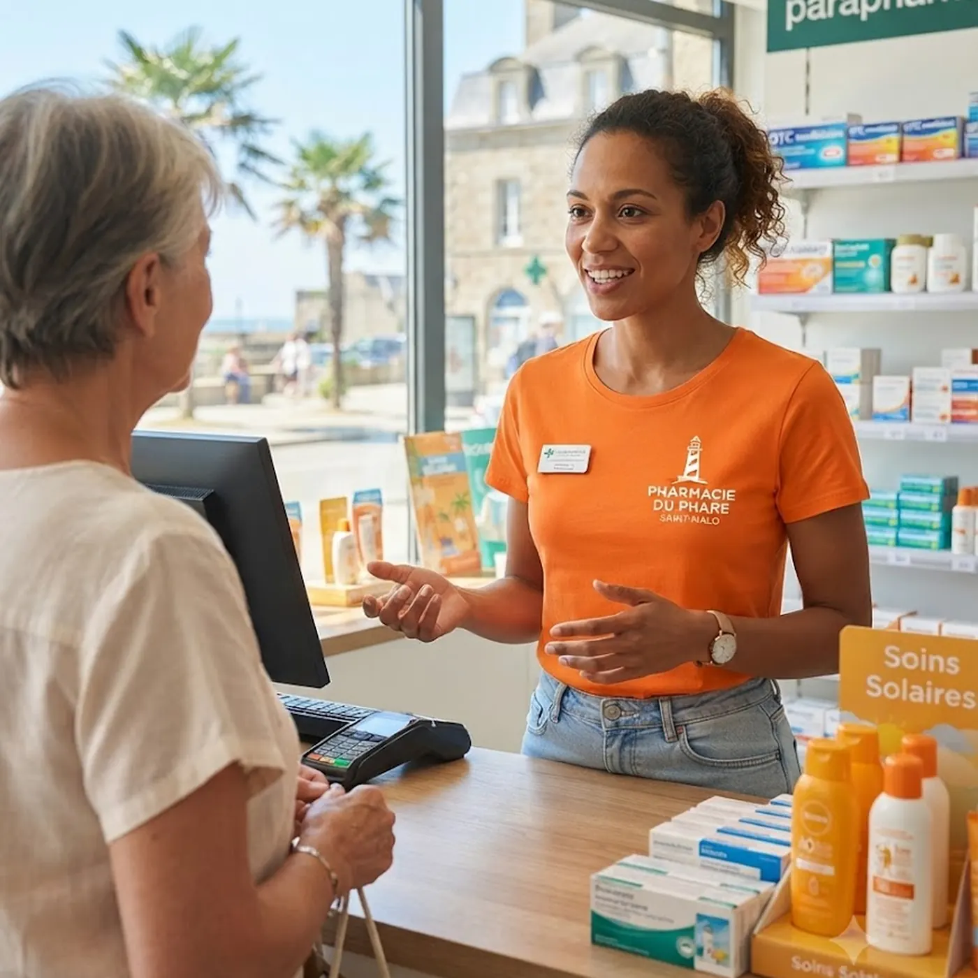 Pharmacienne souriante en t-shirt orange conseillant une cliente à la pharmacie devant des produits solaires.
