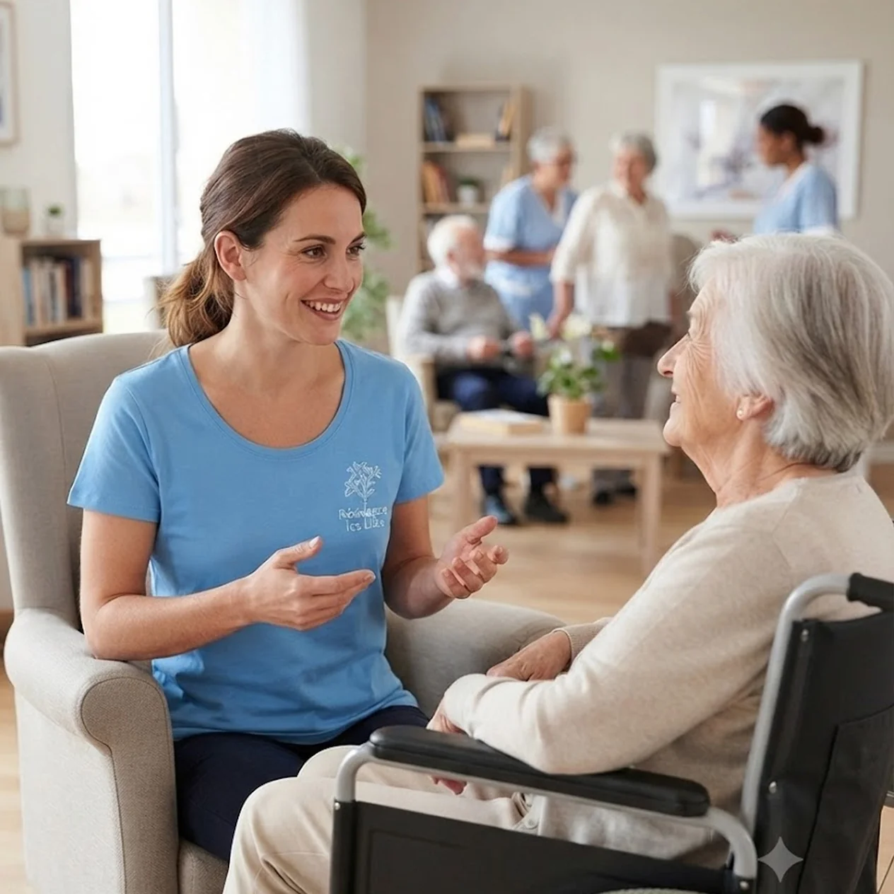 Jeune aidante souriante parlant avec une femme âgée en fauteuil roulant dans une maison de retraite.