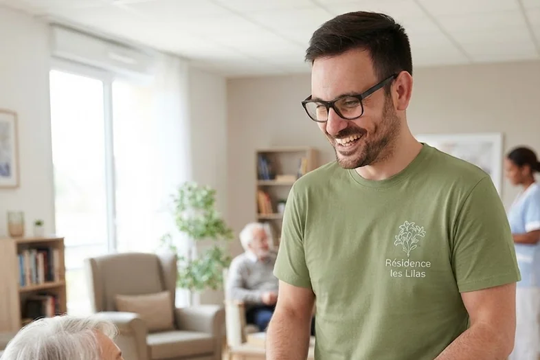 Un homme souriant portant un t-shirt vert discutant avec une personne âgée dans un salon lumineux.