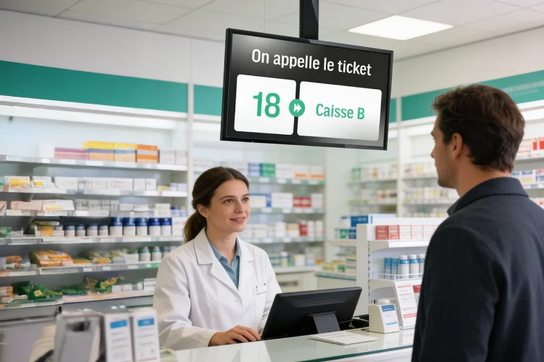 Une pharmacienne souriante sert un client au comptoir, écran affichant «On appelle le ticket 18 Caisse B».