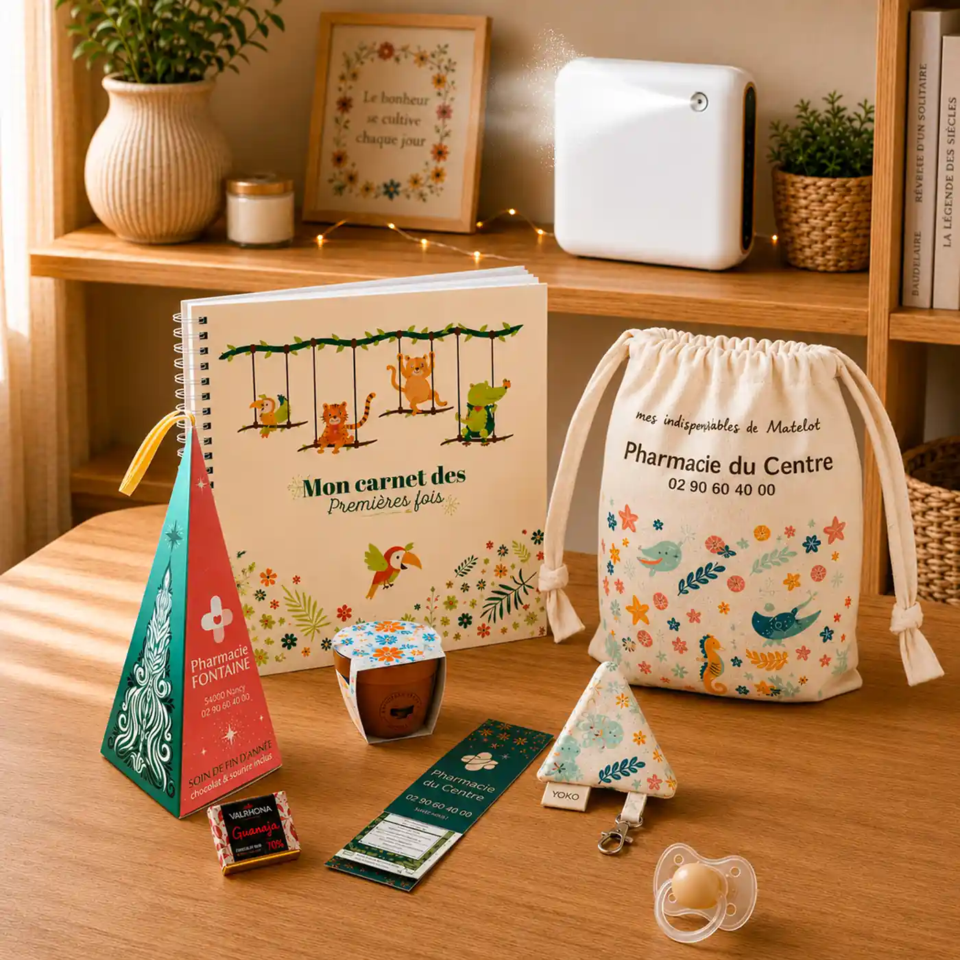 Cahier, sac à cordon, boîte, et objets pour bébé décorés de motifs colorés sur table en bois clair.