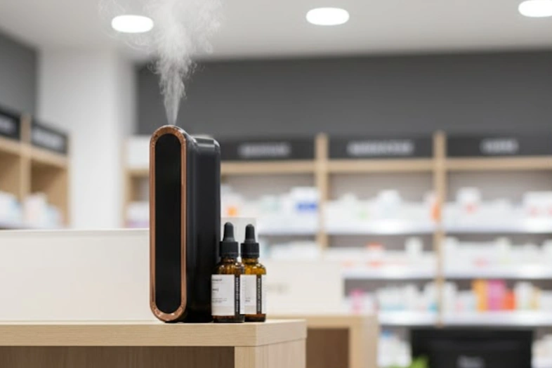 Diffuseur d'arômes noir avec deux flacons sur un comptoir dans une pharmacie floue en arrière-plan.
