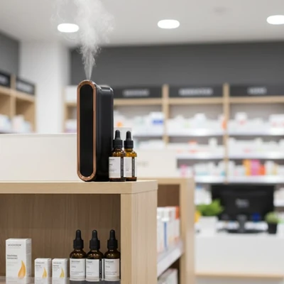 Diffuseur d’arômes noir dégageant une vapeur blanche posé sur un meuble avec des flacons d’huiles essentielles.