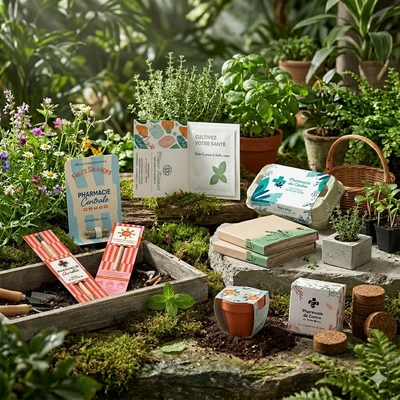 Herbs and natural skincare products arranged outdoors on mossy stone with plants in the background.