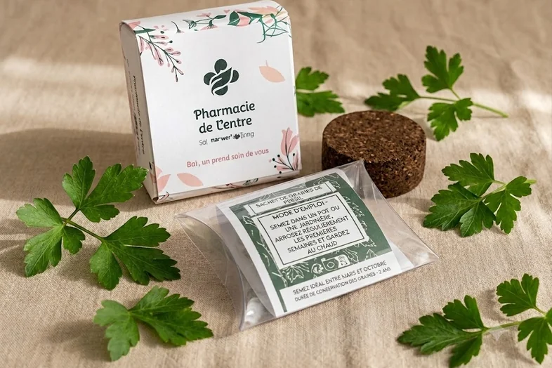 Boîte Pharmacie de l'entre avec sachet de graines, bouchon en liège et feuilles de persil autour.