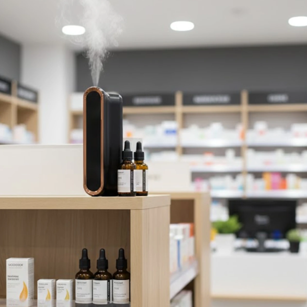 Diffuseur d'huiles essentielles noir diffusant de la vapeur près de bouteilles d'huiles sur une étagère.