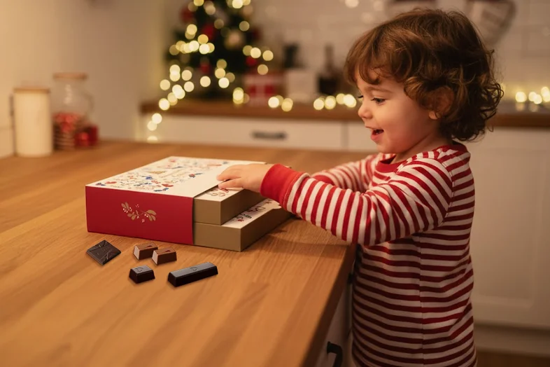 Un enfant ouvre une boîte de calendrier de l'Avent avec des chocolats sur une table en bois.