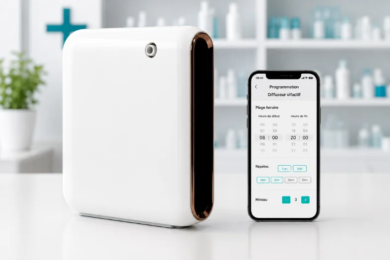 Diffuseur olfactif blanc avec smartphone affichant l'application de programmation sur une table blanche.