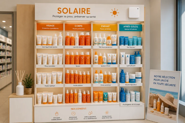 Présentoir de produits solaires pour visage, corps, enfants et après-soleil avec conseils d'utilisation.
