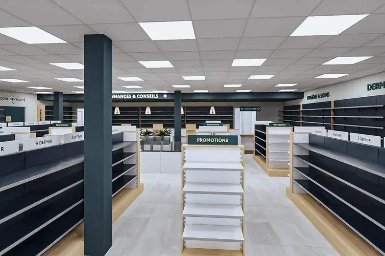 Intérieur d'un magasin moderne avec étagères vides étiquetées Promotions et À Définir.