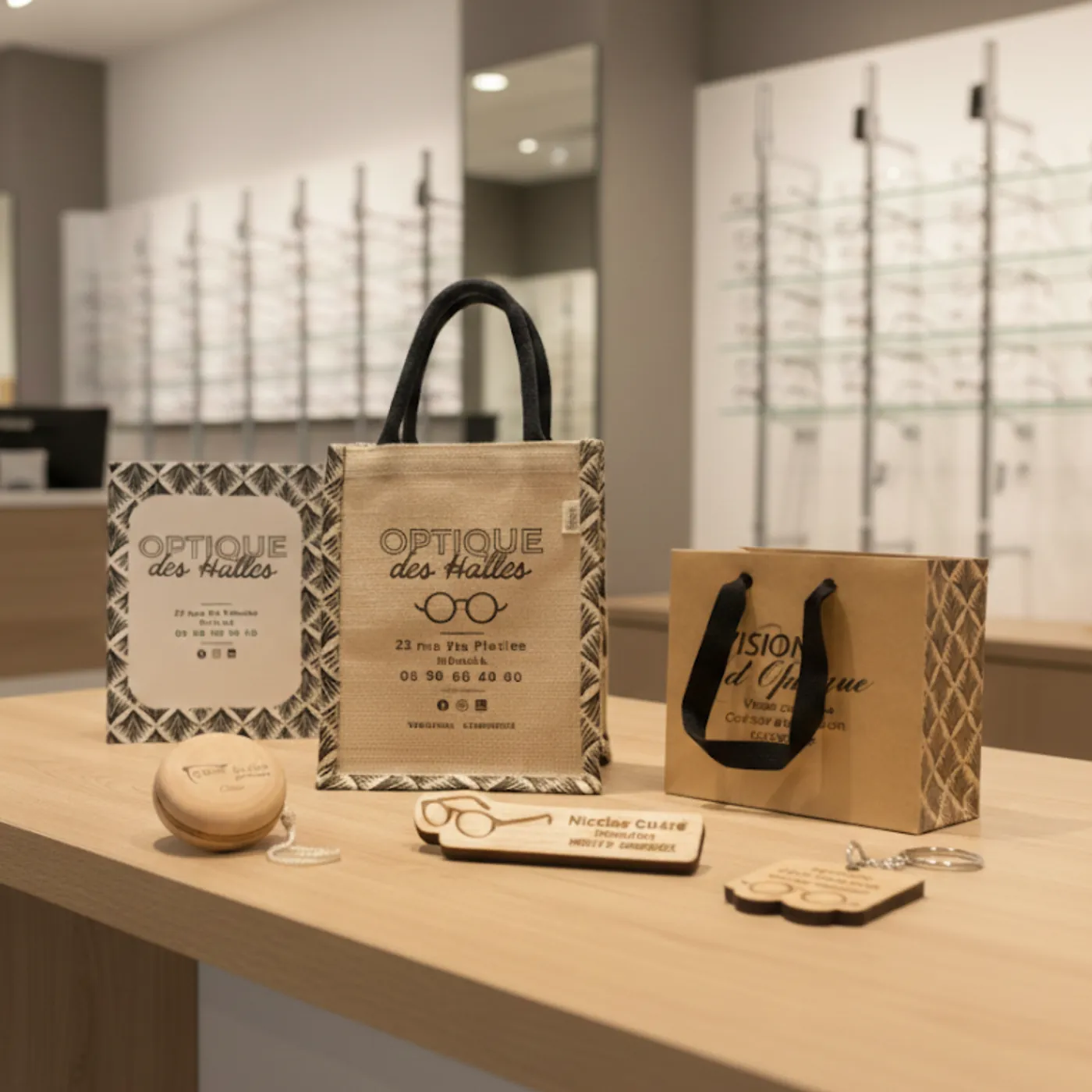 Sacs et objets promotionnels en bois et tissu exposés sur un comptoir dans un magasin d'optique.