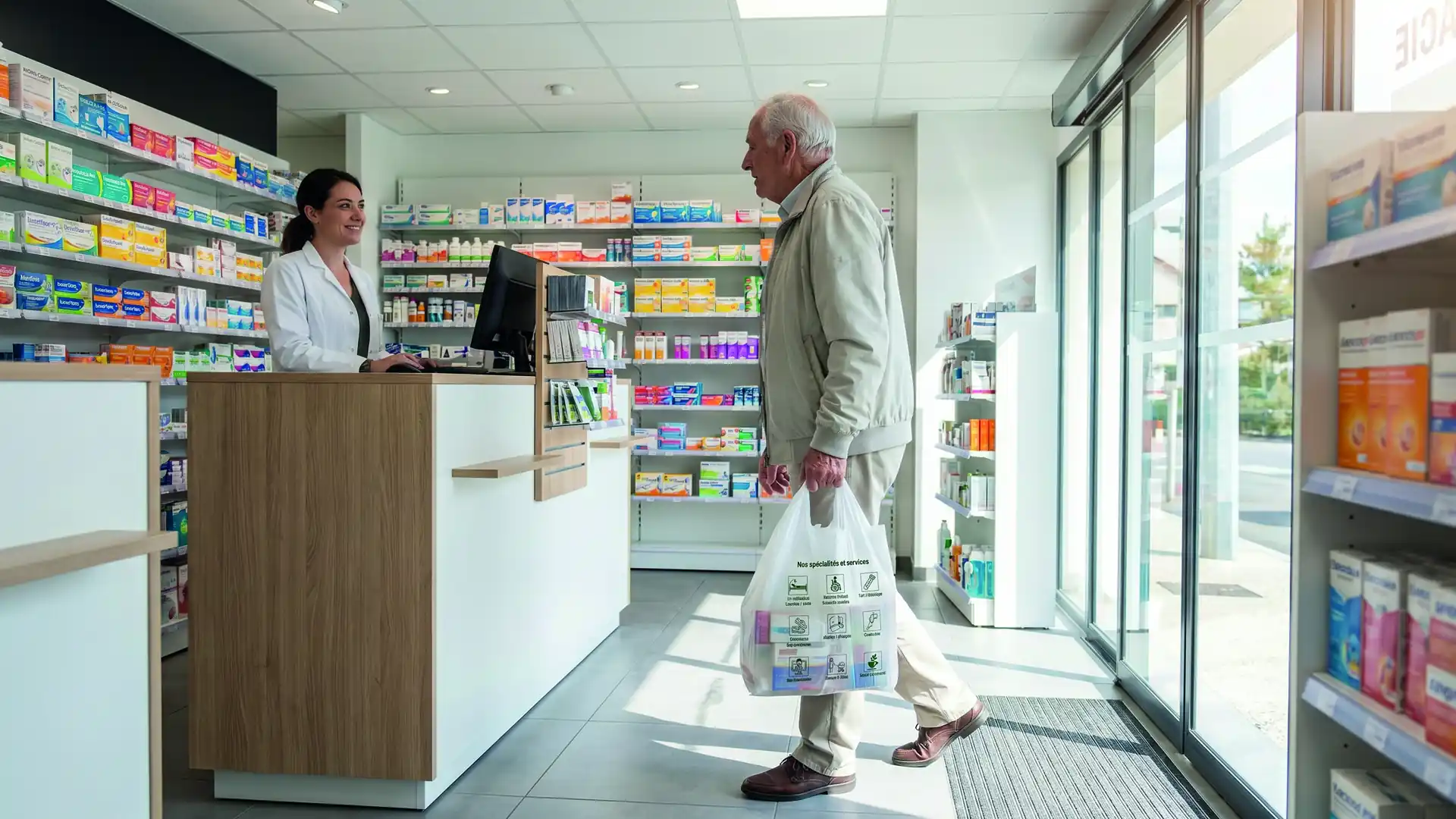 Un homme âgé tenant un sac de pharmacie discute avec une pharmacienne souriante au comptoir.
