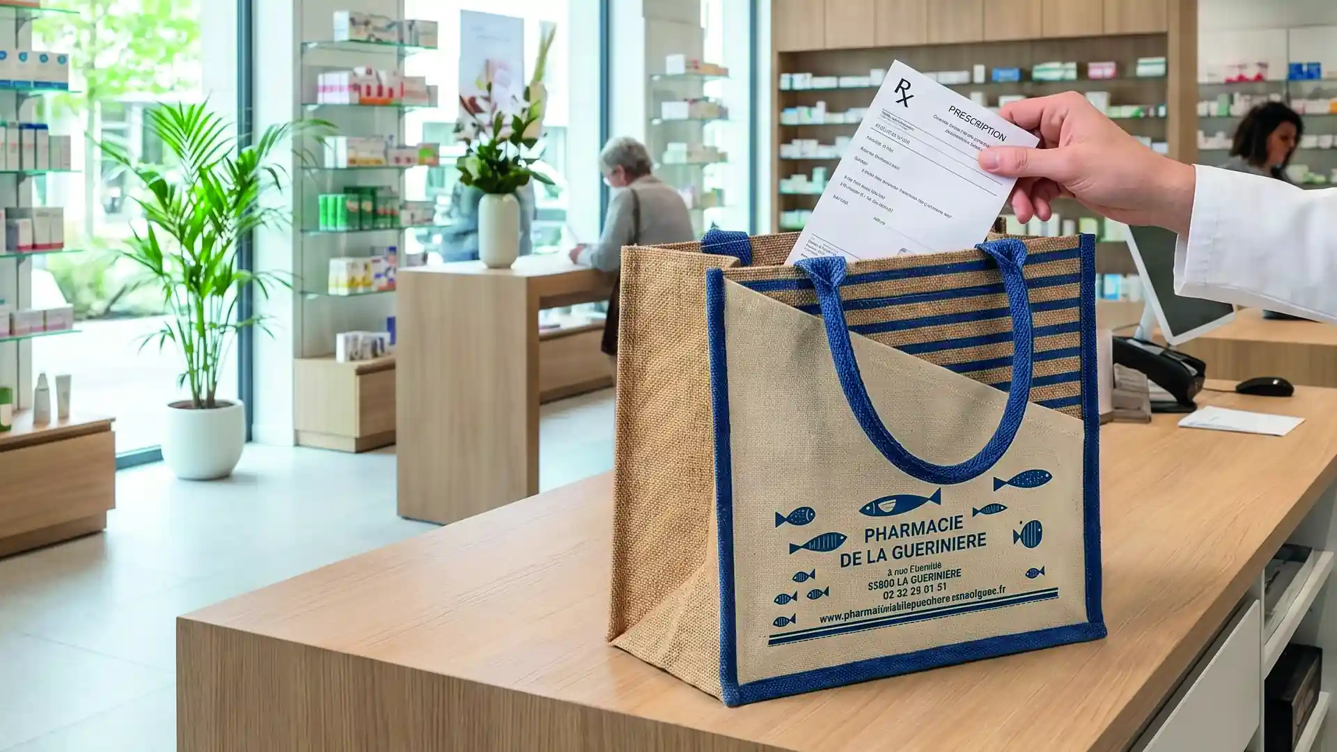 Dans une pharmacie, une main insère une ordonnance dans un sac en jute portant le nom de la pharmacie.