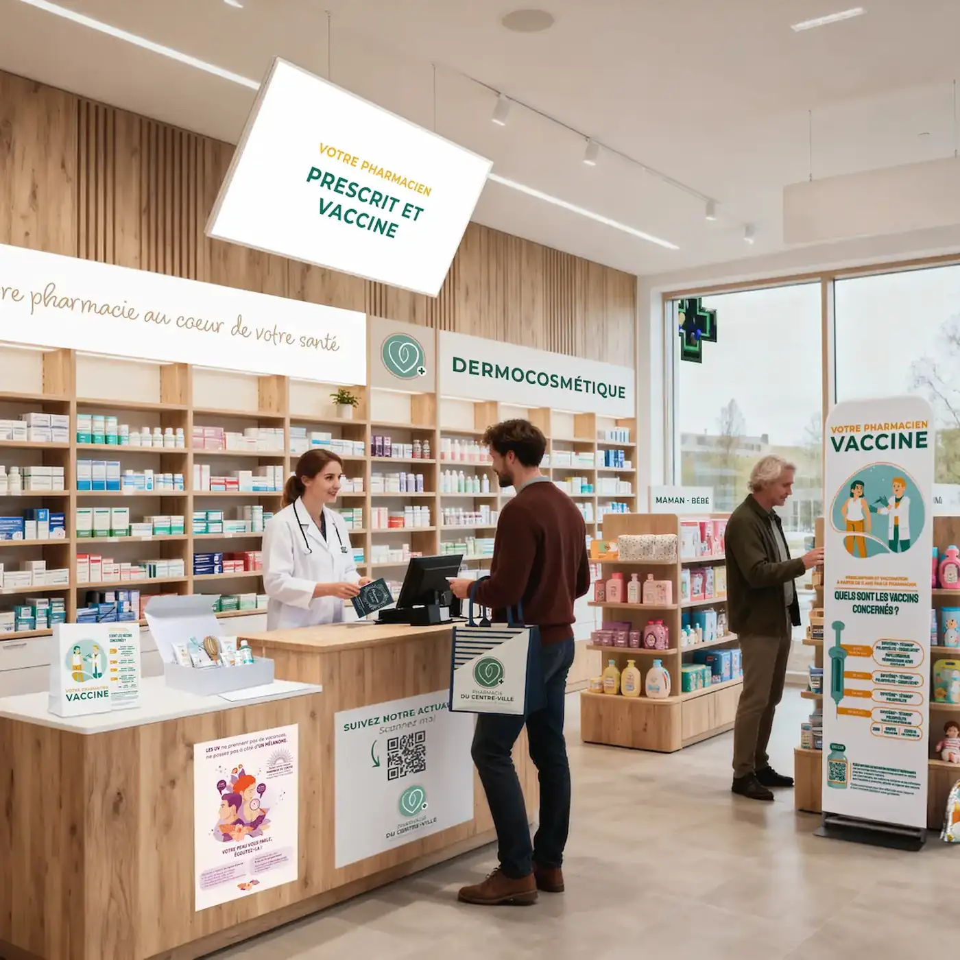 Pharmacien parlant avec client à la caisse dans une pharmacie moderne avec produits dermocosmétiques.