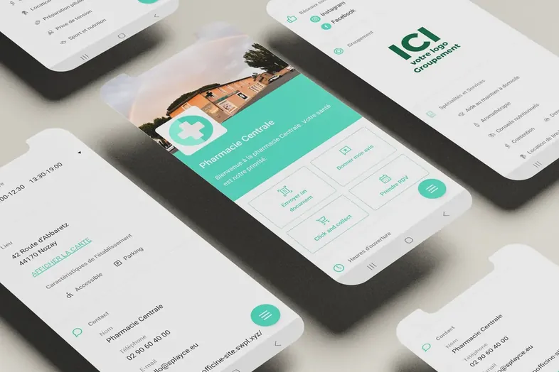 Interface d'application mobile affichant des infos et options pour Pharmacie Centrale avec coordonnées et services.