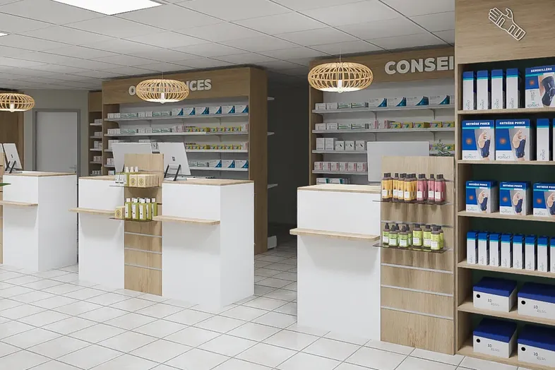 Intérieur d'une pharmacie claire avec comptoirs blancs et étagères en bois affichant divers produits médicaux.