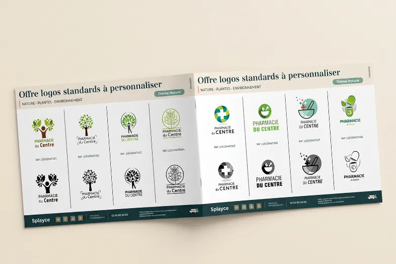 Catalogue ouvert montrant des logos verts et noirs pour pharmacies, axés sur nature, plantes et environnement.